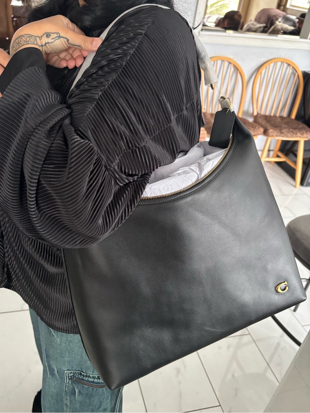 Coach Black Leather Hobo Shoulder Bag with Gold Accent zipper